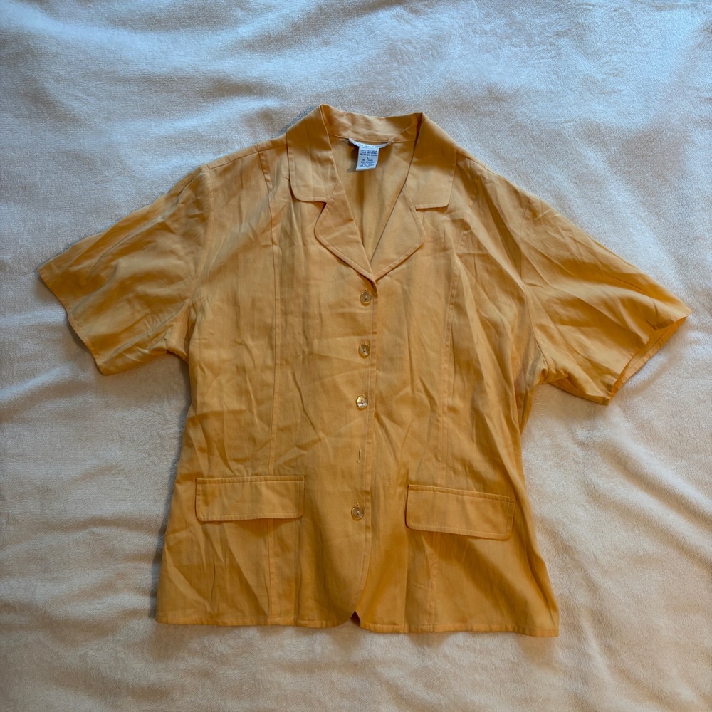 Anna & Frank Vintage 100% Silk Short Sleeve Button Up Shirt Orange Sz L Tie Back